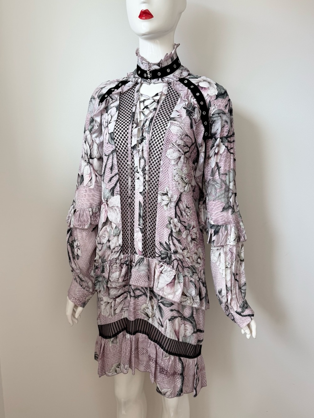 Roberto cavalli Floral Lace-Up Ruffled Dress - Pink Floral